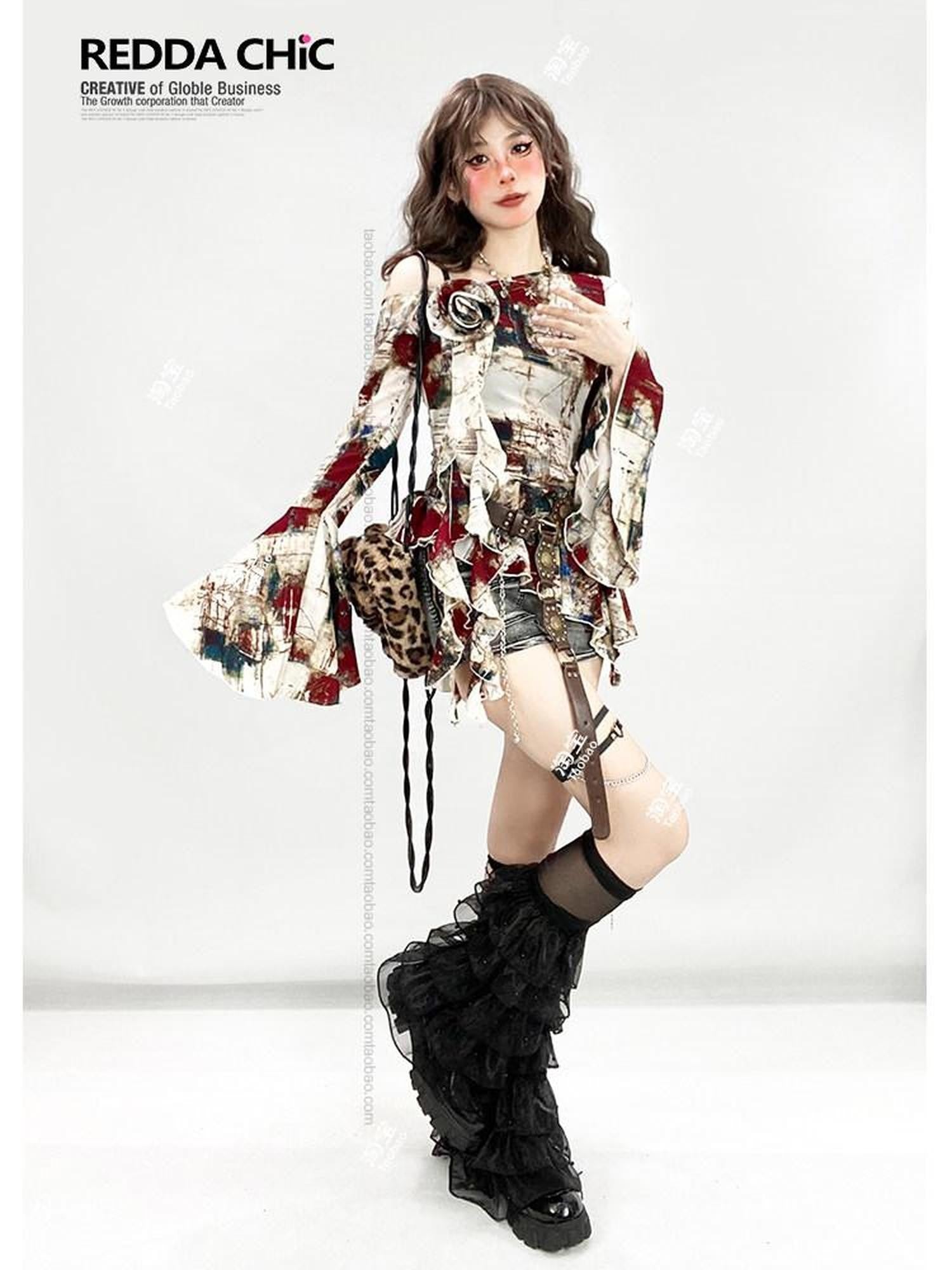 REDDACHIC Oil Paint Print Asymmetric Bell Sleeve Ruffle Women'S Long Sleeve T-Shirts