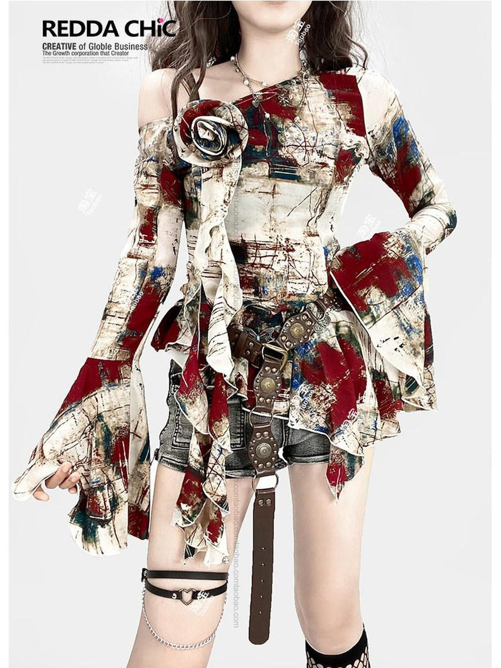 REDDACHIC Oil Paint Print Asymmetric Bell Sleeve Ruffle Women'S Long Sleeve T-Shirts