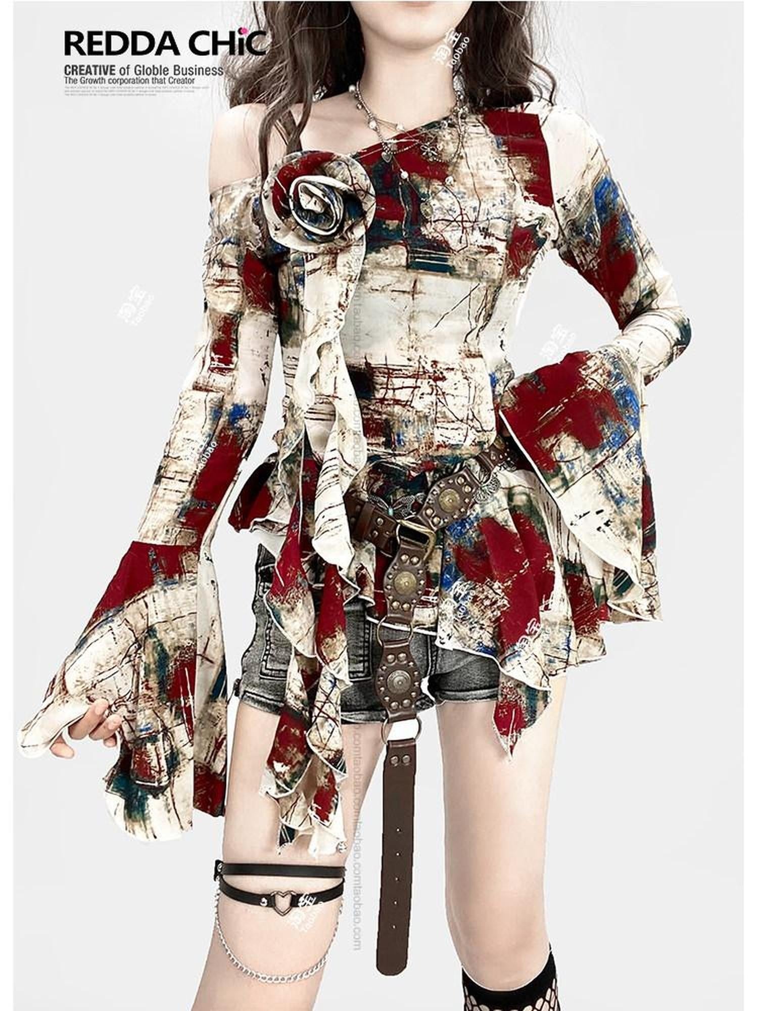 REDDACHIC Oil Paint Print Asymmetric Bell Sleeve Ruffle Women'S Long Sleeve T-Shirts