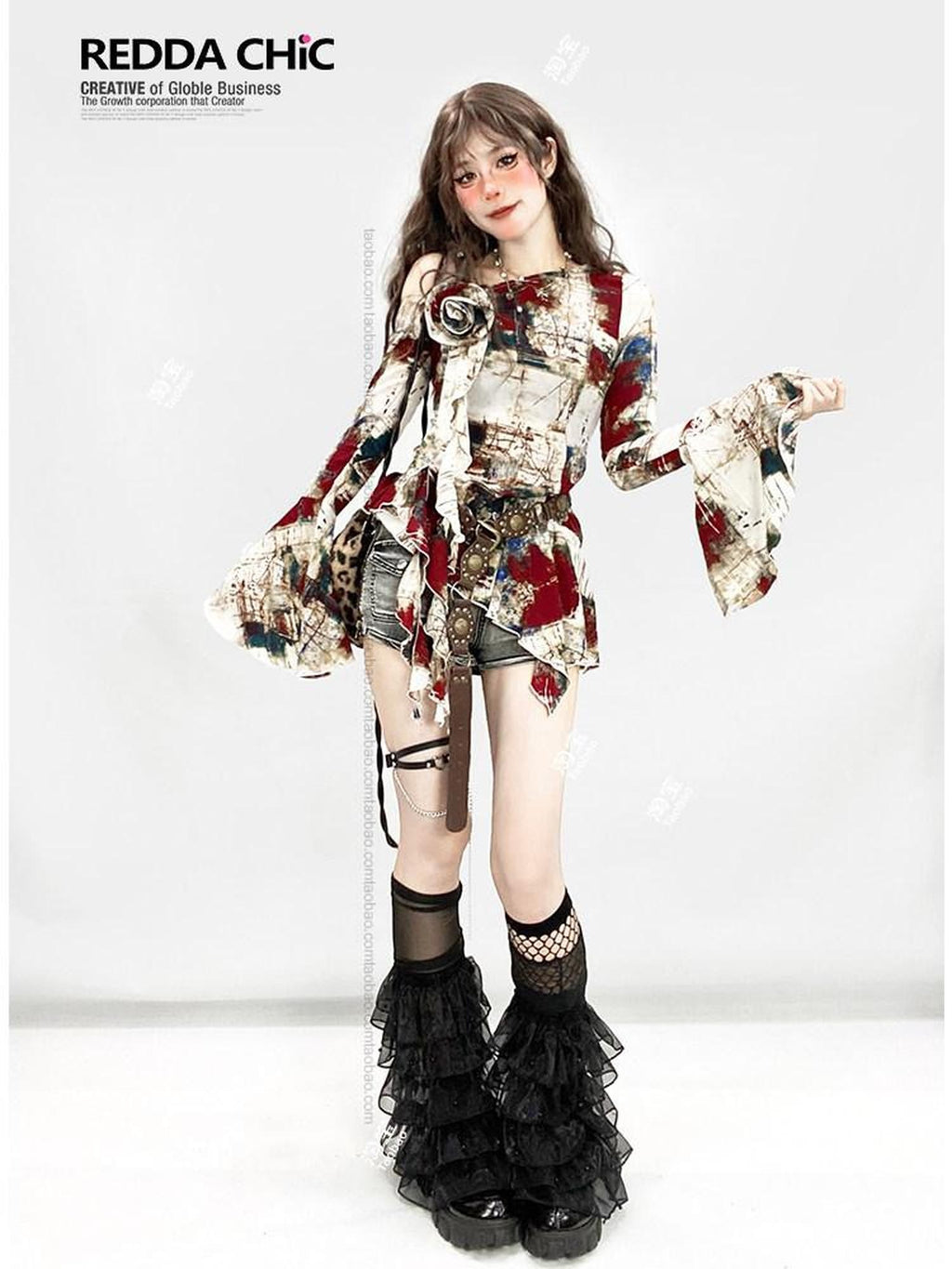 REDDACHIC Oil Paint Print Asymmetric Bell Sleeve Ruffle Women'S Long Sleeve T-Shirts