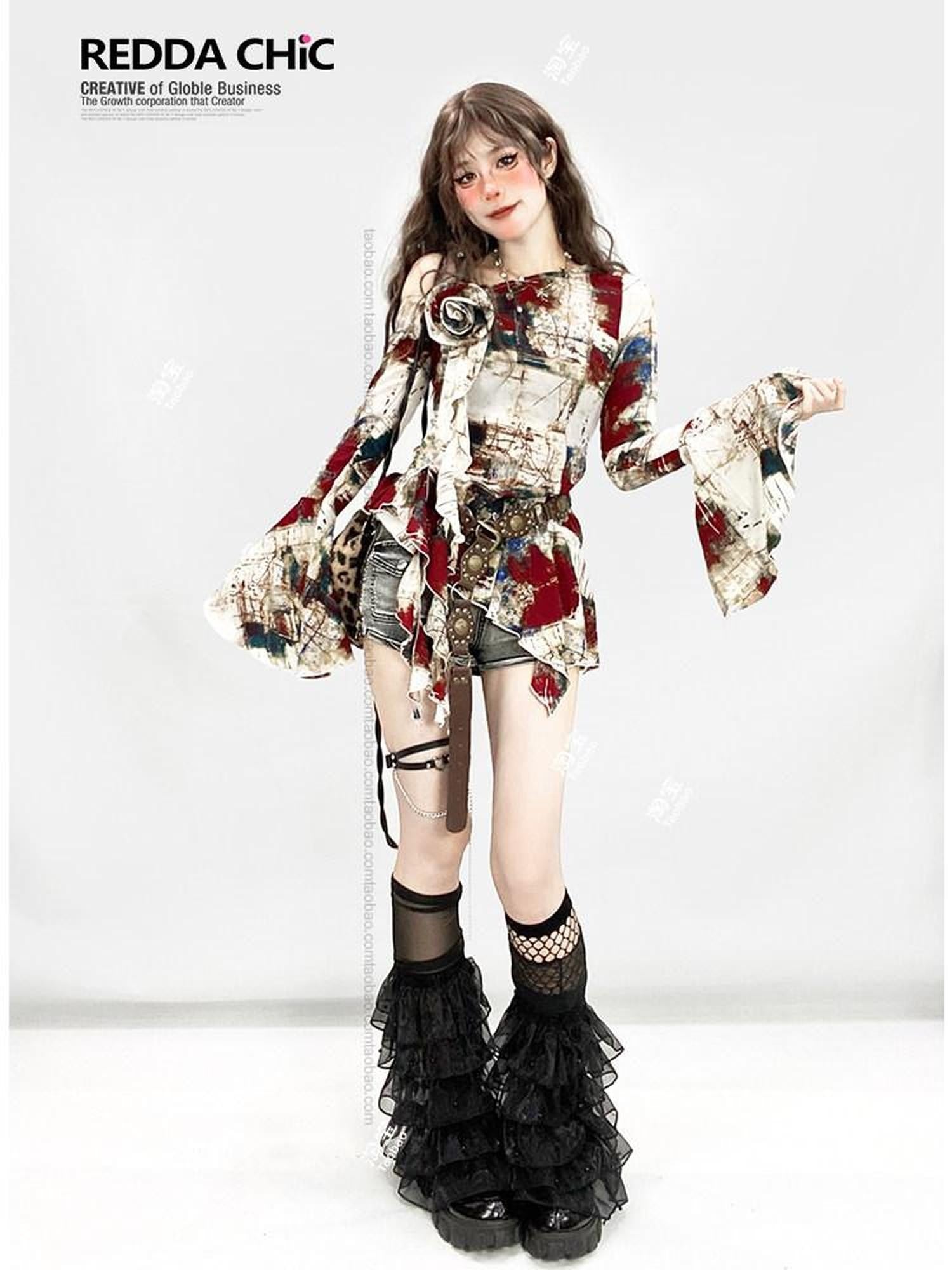 REDDACHIC Oil Paint Print Asymmetric Bell Sleeve Ruffle Women'S Long Sleeve T-Shirts