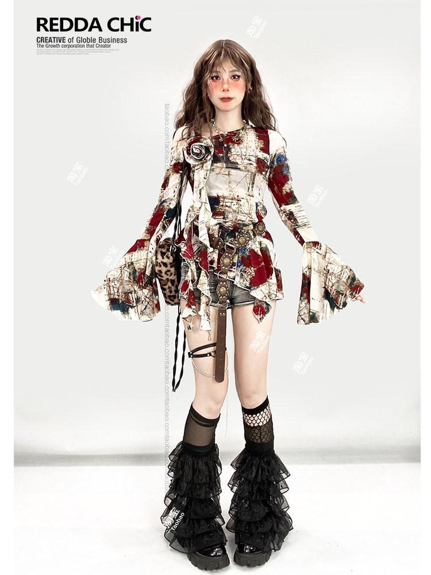 REDDACHIC Oil Paint Print Asymmetric Bell Sleeve Ruffle Women'S Long Sleeve T-Shirts