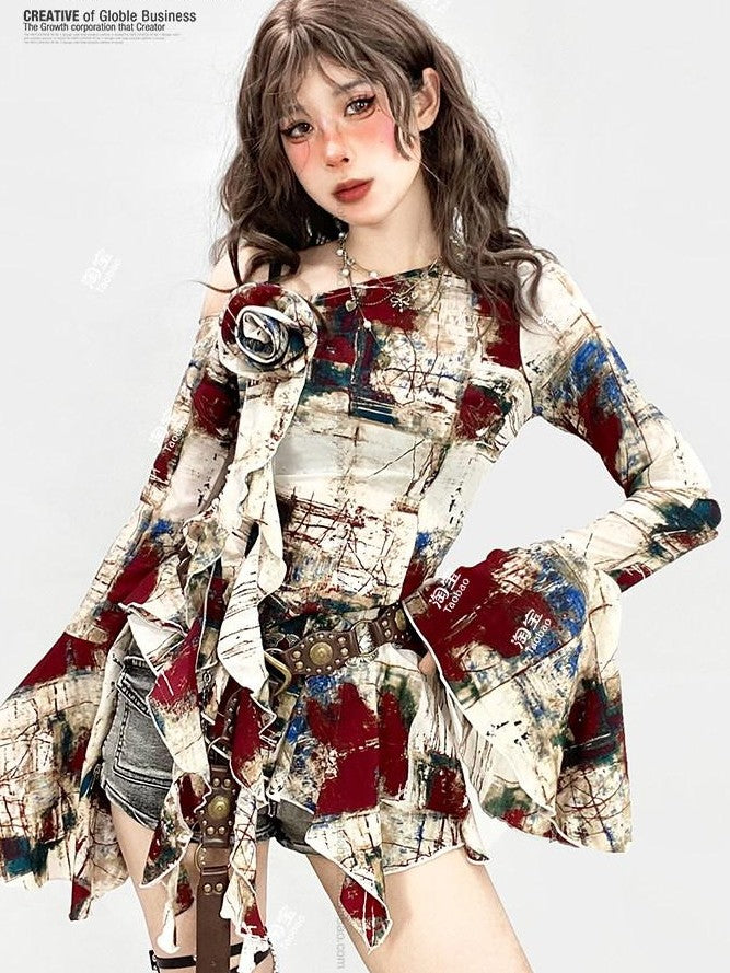 REDDACHIC Oil Paint Print Asymmetric Bell Sleeve Ruffle Women'S Long Sleeve T-Shirts