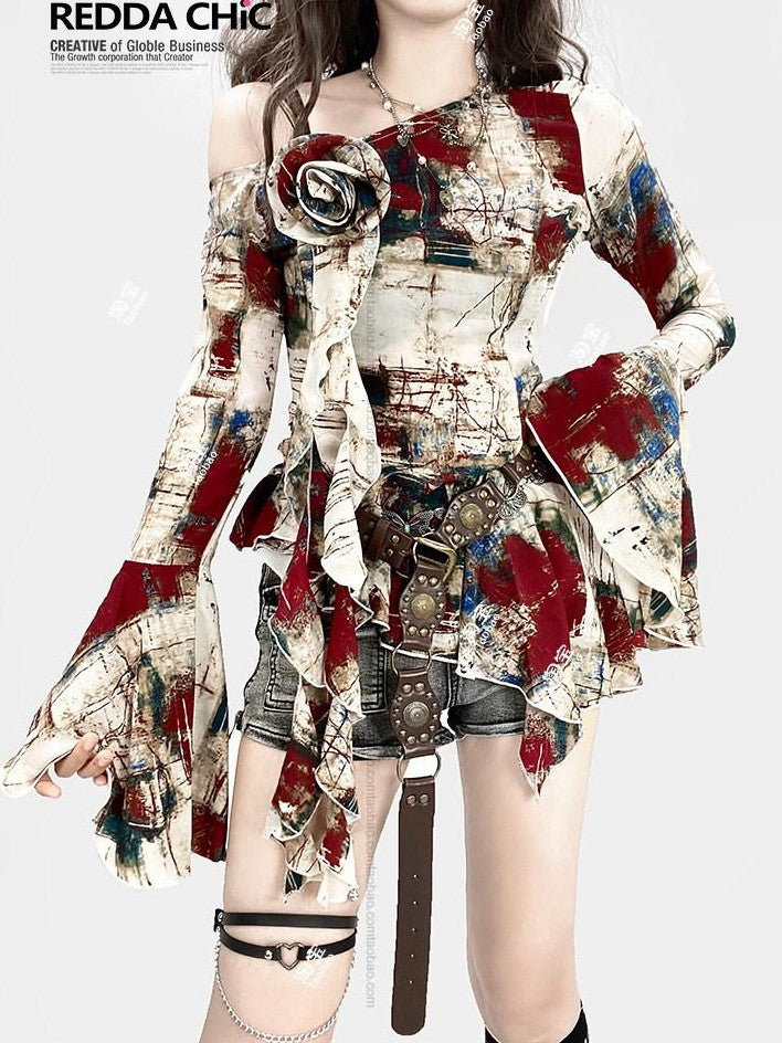 REDDACHIC Oil Paint Print Asymmetric Bell Sleeve Ruffle Women'S Long Sleeve T-Shirts