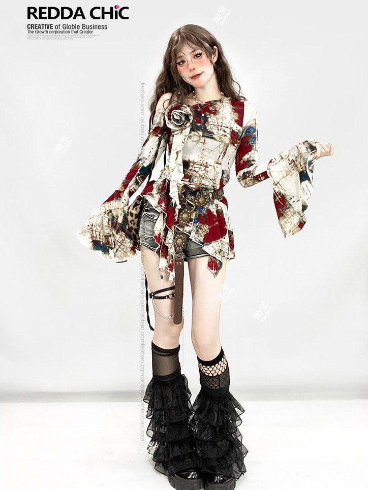 REDDACHIC Oil Paint Print Asymmetric Bell Sleeve Ruffle Women'S Long Sleeve T-Shirts