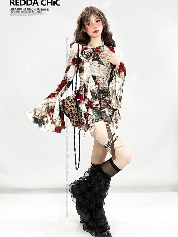 REDDACHIC Oil Paint Print Asymmetric Bell Sleeve Ruffle Women'S Long Sleeve T-Shirts