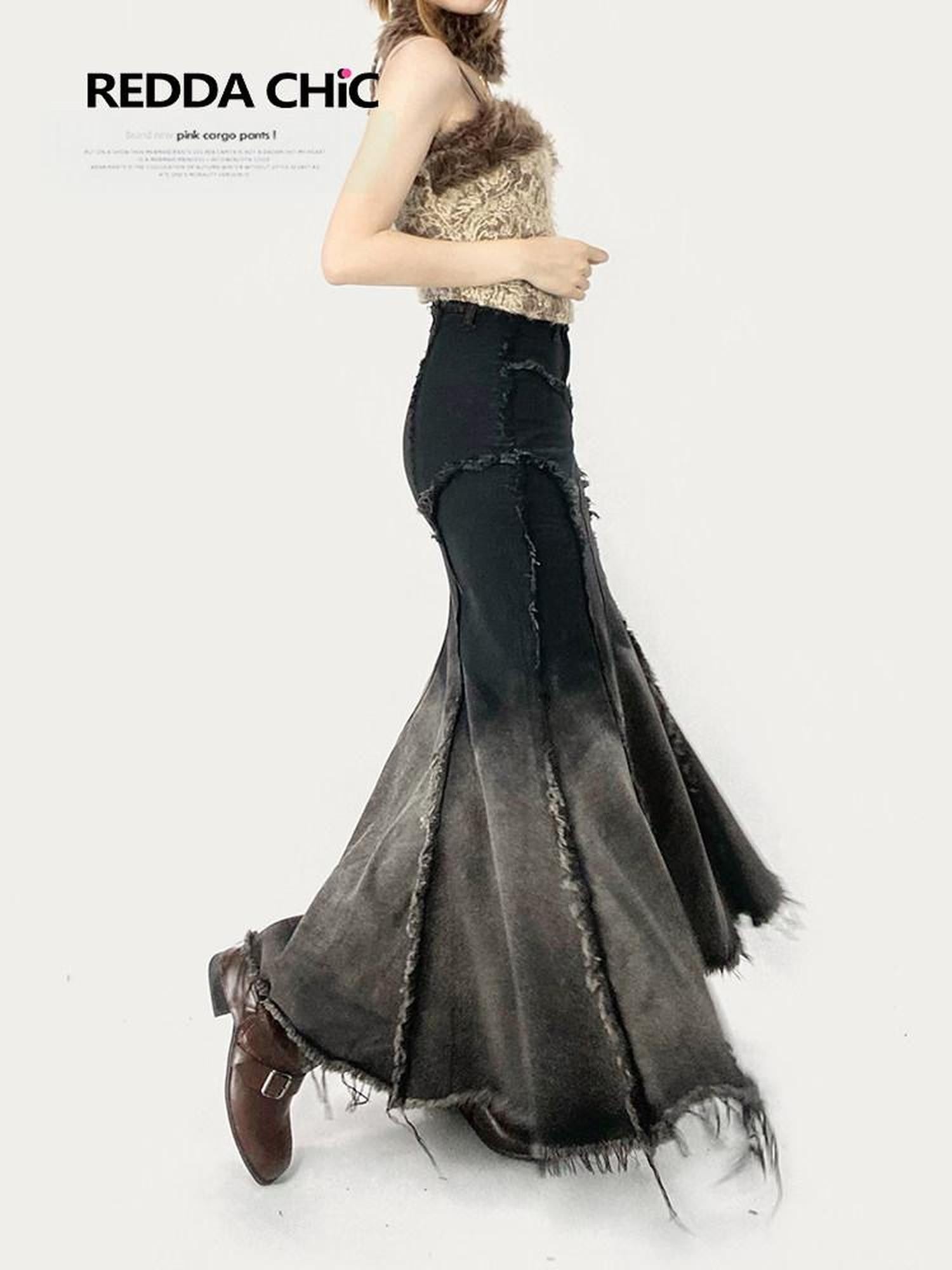 REDDACHIC Ombre Irregular Fishtail High Waist Patchwork Vintage Women'S Denim Maxi Skirts