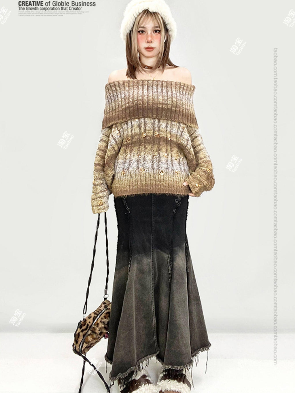 REDDACHIC Ombre Irregular Fishtail High Waist Patchwork Vintage Women'S Denim Maxi Skirts
