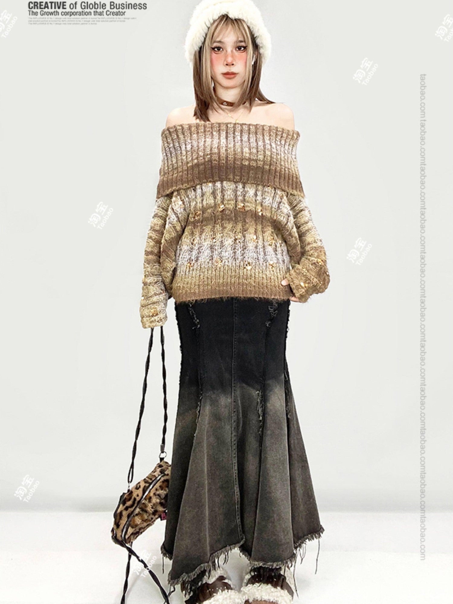 REDDACHIC Ombre Irregular Fishtail High Waist Patchwork Vintage Women'S Denim Maxi Skirts