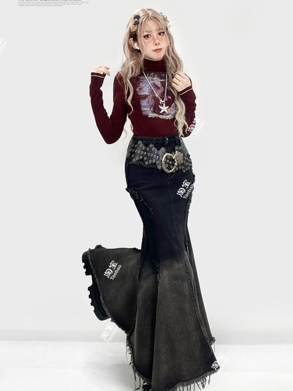 REDDACHIC Ombre Irregular Fishtail High Waist Patchwork Vintage Women'S Denim Maxi Skirts