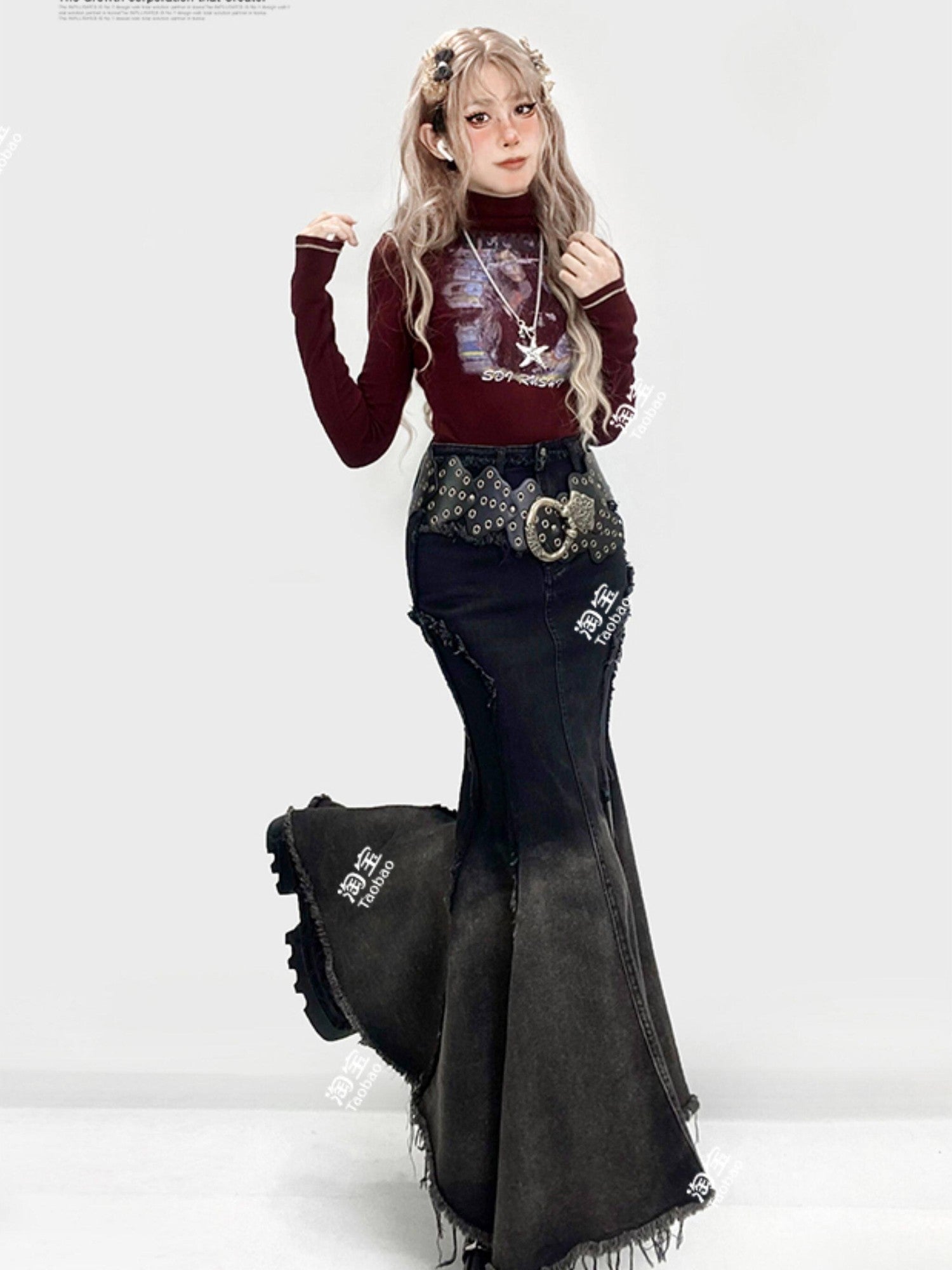 REDDACHIC Ombre Irregular Fishtail High Waist Patchwork Vintage Women'S Denim Maxi Skirts