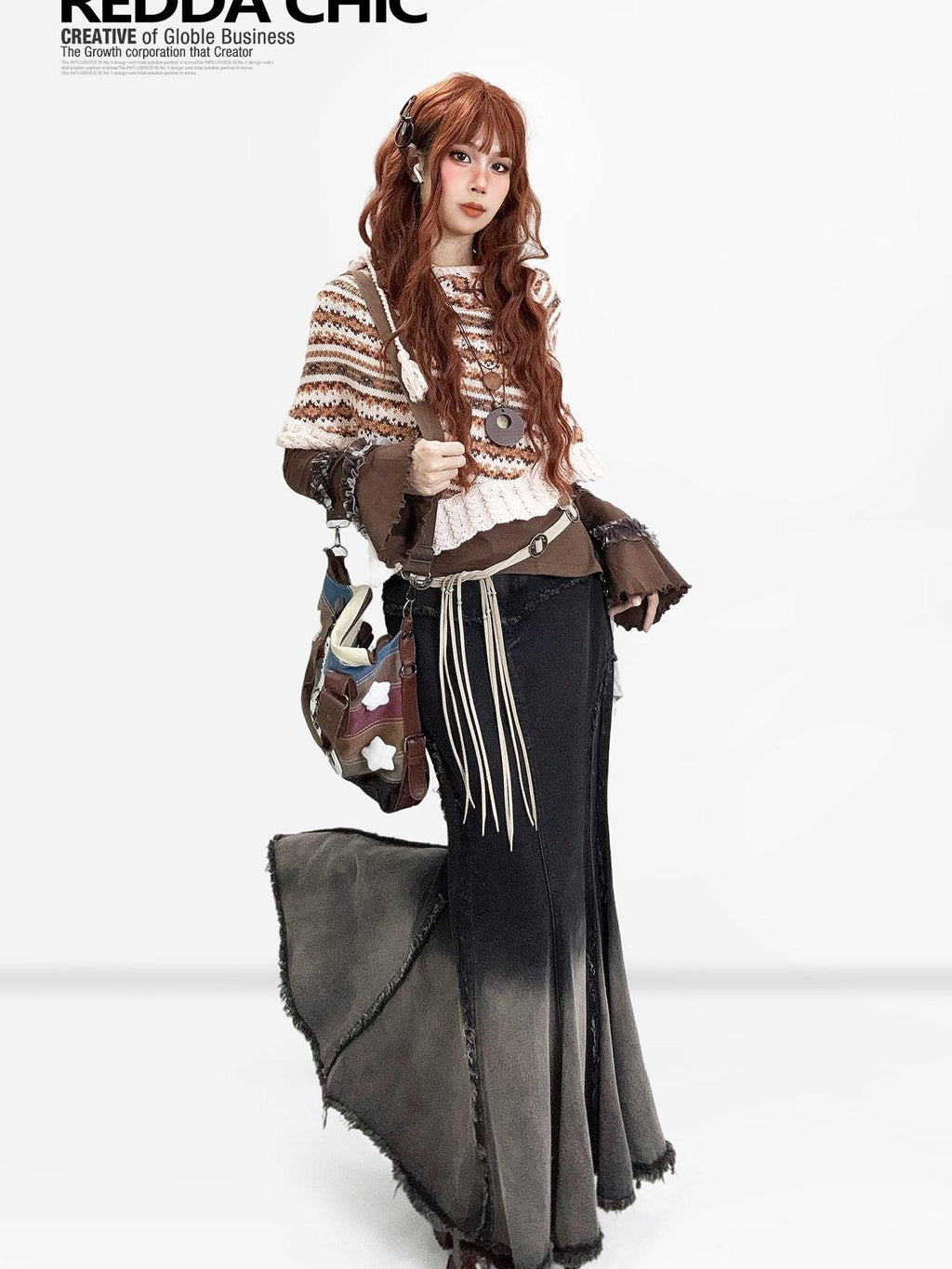 REDDACHIC Ombre Irregular Fishtail High Waist Patchwork Vintage Women'S Denim Maxi Skirts