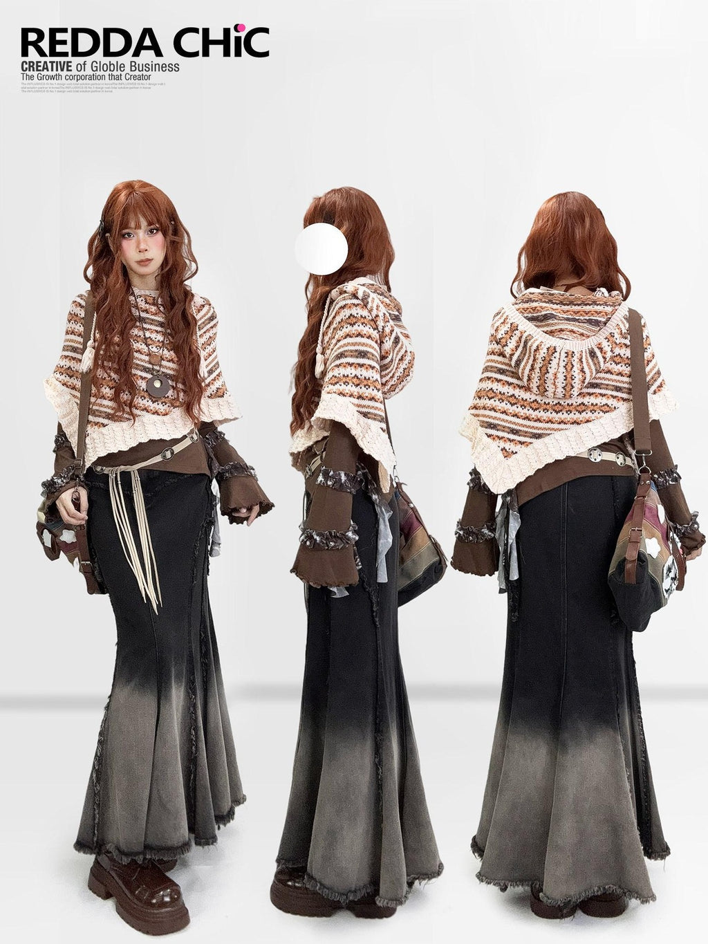 REDDACHIC Ombre Irregular Fishtail High Waist Patchwork Vintage Women'S Denim Maxi Skirts