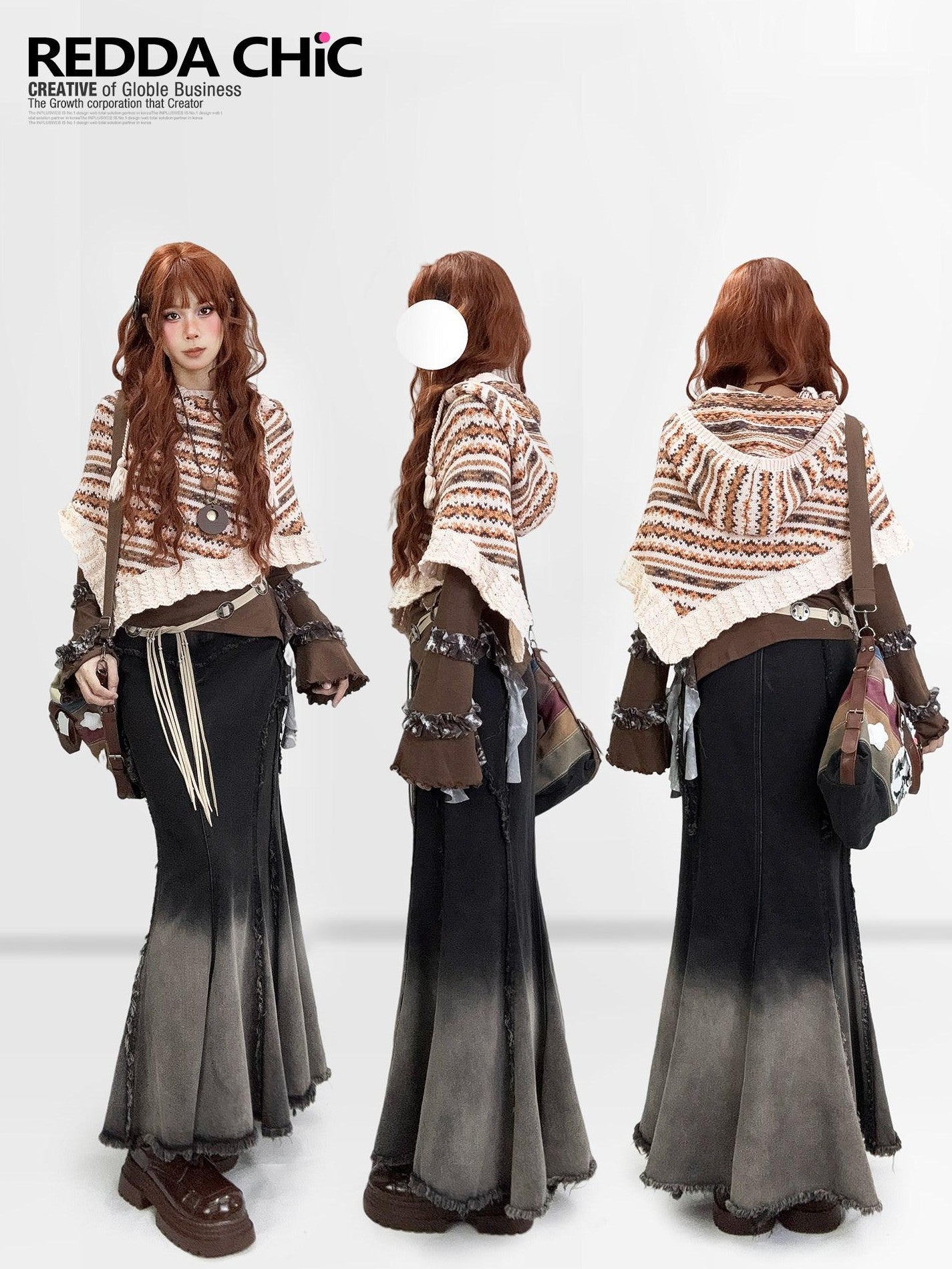 REDDACHIC Ombre Irregular Fishtail High Waist Patchwork Vintage Women'S Denim Maxi Skirts
