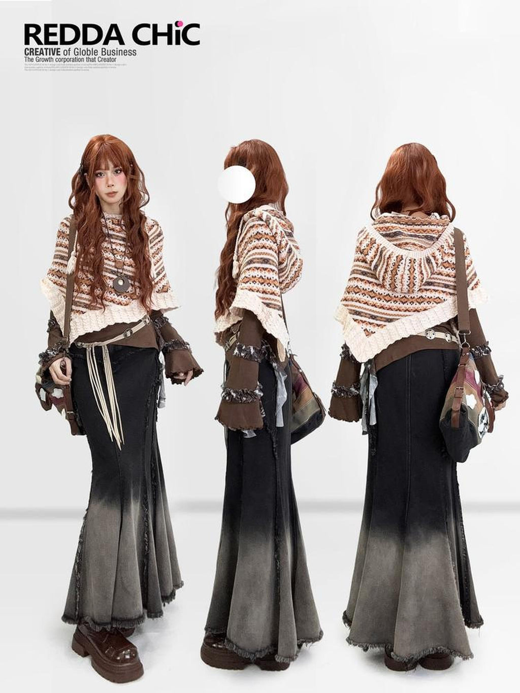 REDDACHIC Ombre Irregular Fishtail High Waist Patchwork Vintage Women'S Denim Maxi Skirts