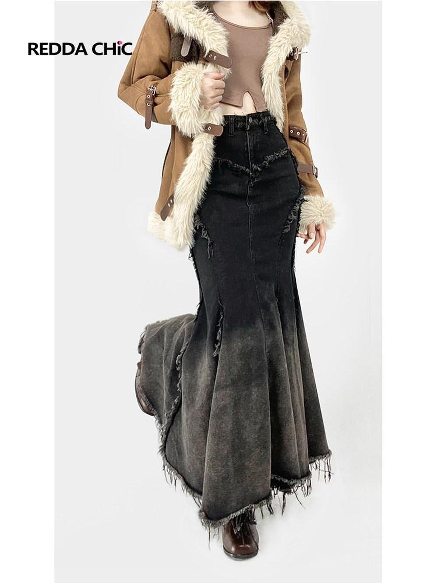 REDDACHIC Ombre Irregular Fishtail High Waist Patchwork Vintage Women'S Denim Maxi Skirts