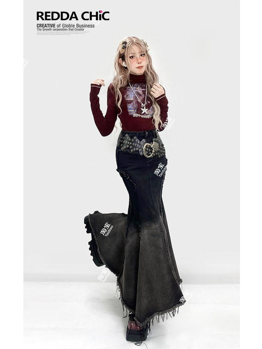 REDDACHIC Ombre Irregular Fishtail High Waist Patchwork Vintage Women'S Denim Maxi Skirts