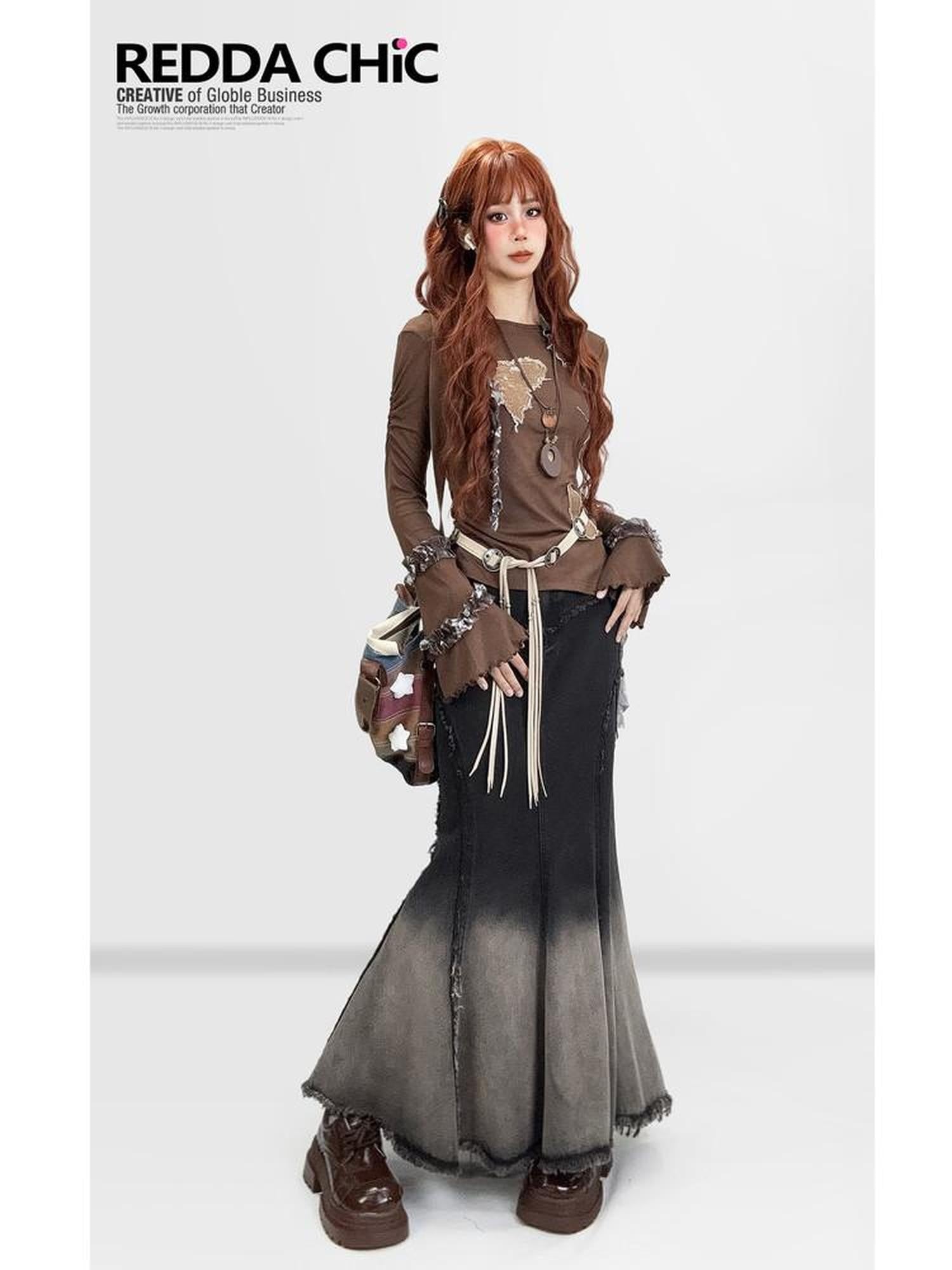 REDDACHIC Ombre Irregular Fishtail High Waist Patchwork Vintage Women'S Denim Maxi Skirts