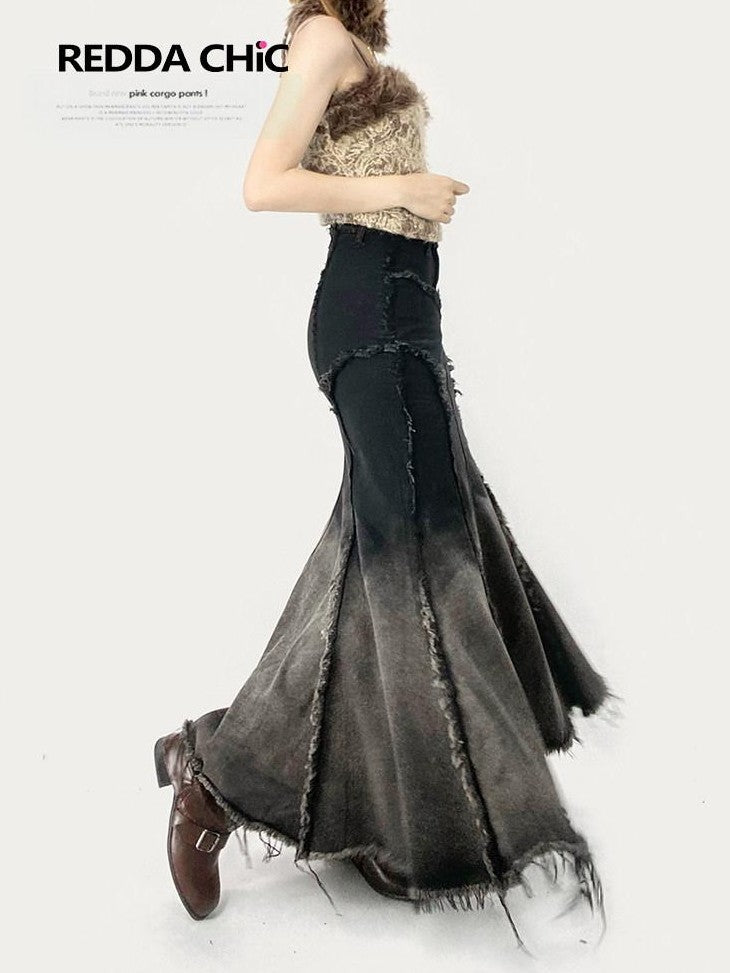 REDDACHIC Ombre Irregular Fishtail High Waist Patchwork Vintage Women'S Denim Maxi Skirts