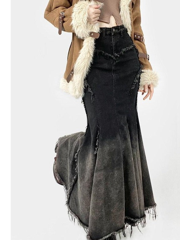 REDDACHIC Ombre Irregular Fishtail High Waist Patchwork Vintage Women'S Denim Maxi Skirts