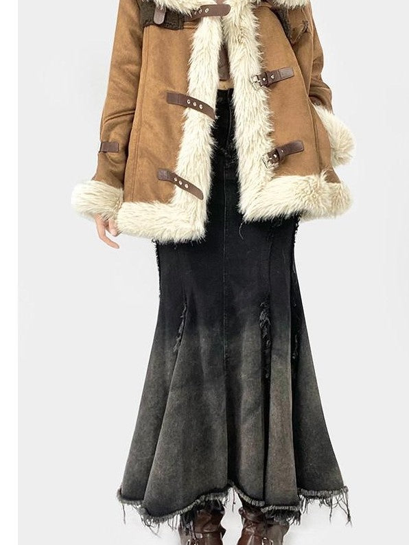 REDDACHIC Ombre Irregular Fishtail High Waist Patchwork Vintage Women'S Denim Maxi Skirts