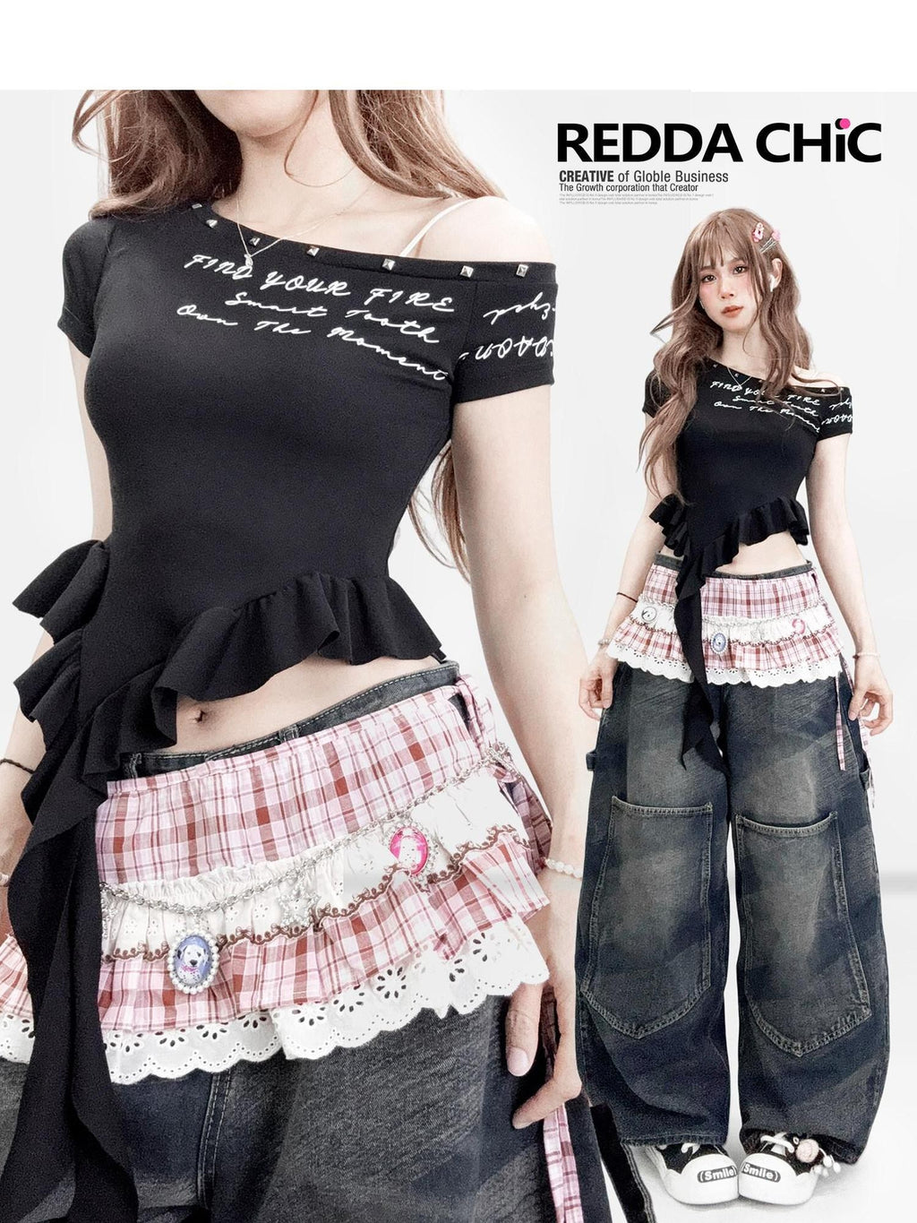 REDDACHIC One Shoulder Ruffle Letter Print Slim Crop Women'S Modal Short Sleeve T-Shirts