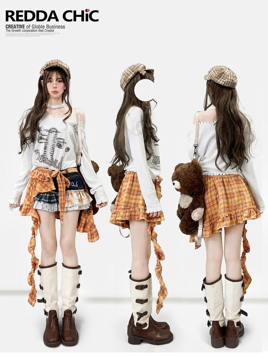 REDDACHIC Orange Plaid Asymmetrical Ruffle Tie Pleated Patchwork Women'S Mini Skirts
