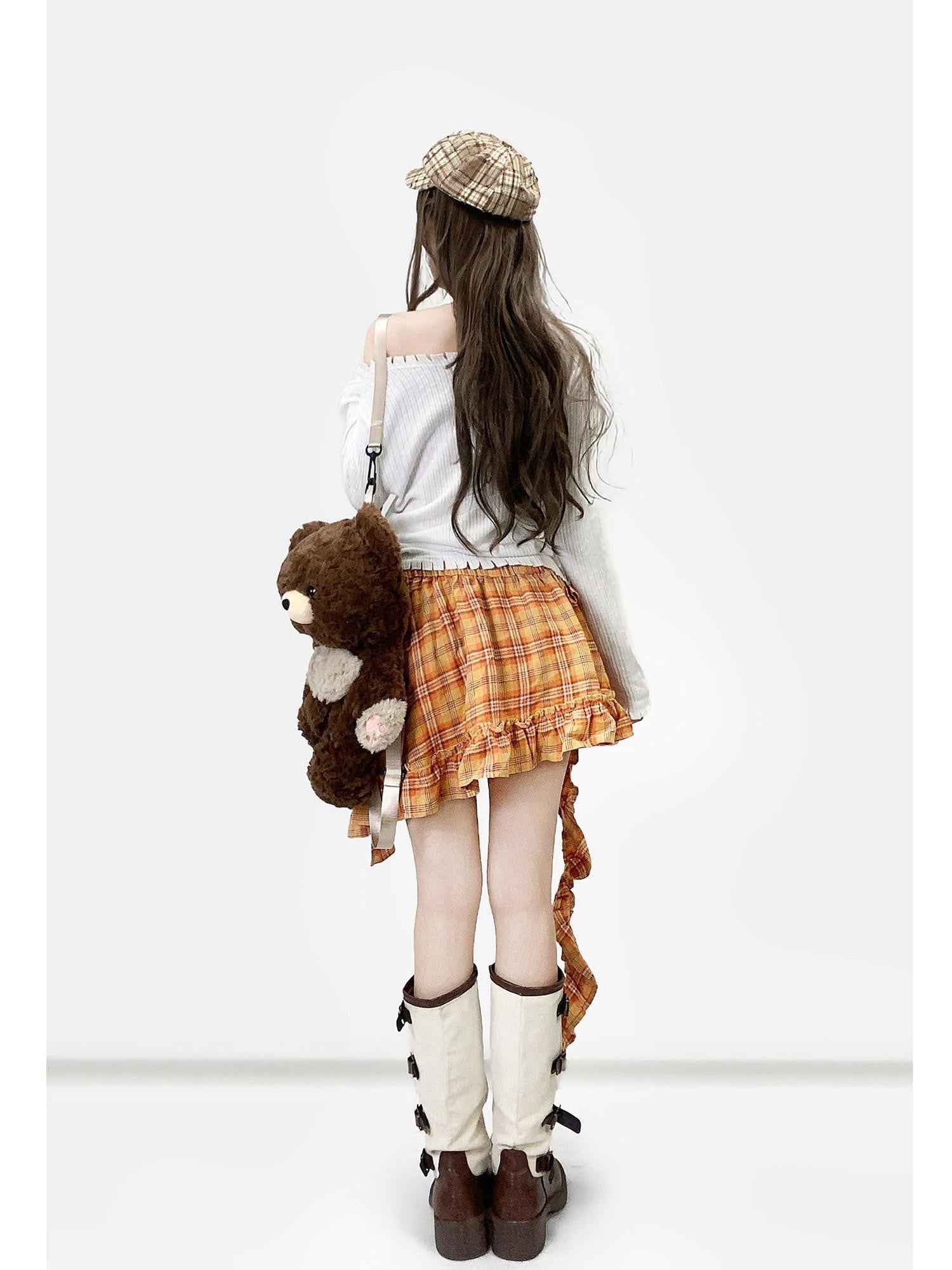 REDDACHIC Orange Plaid Asymmetrical Ruffle Tie Pleated Patchwork Women'S Mini Skirts