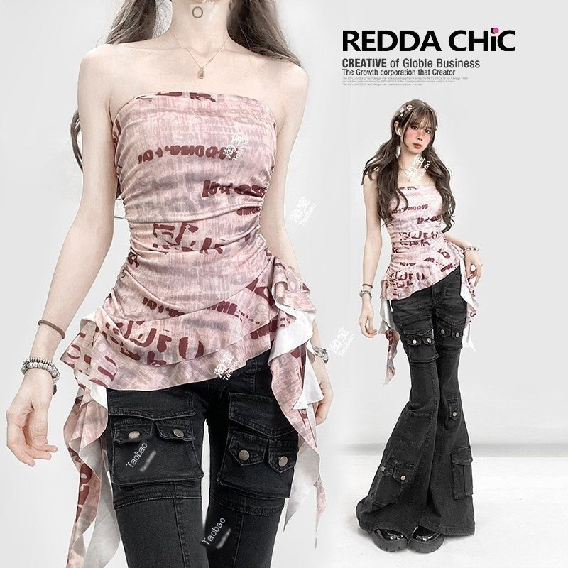 REDDACHIC_Pink_Asymmetric_Ruffle_Letter_Print_Cinched_Waist_Women'S_Tube_Tops_/_Bandeaus_MISSTT