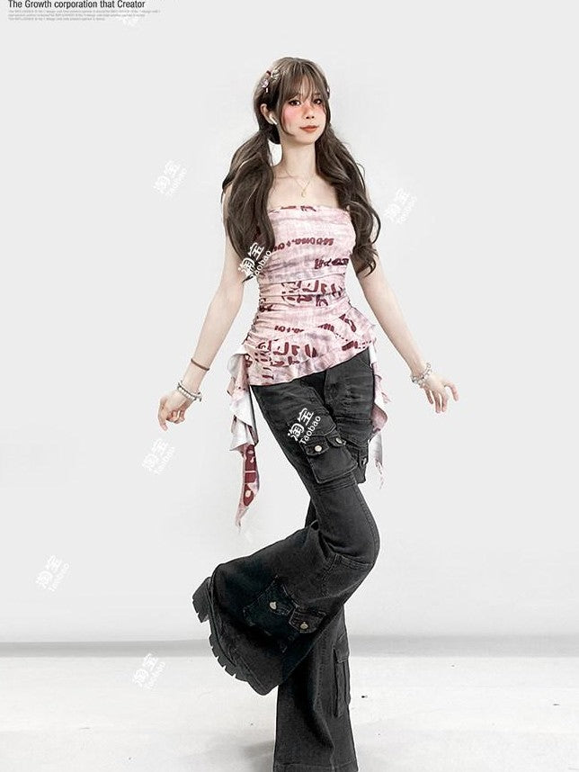 REDDACHIC Pink Asymmetric Ruffle Letter Print Cinched Waist Women'S Tube Tops / Bandeaus