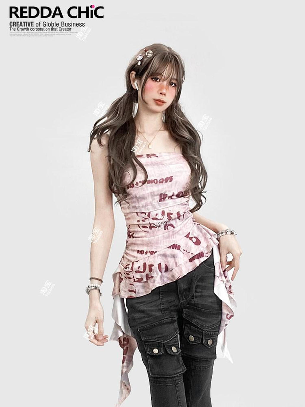 REDDACHIC Pink Asymmetric Ruffle Letter Print Cinched Waist Women'S Tube Tops / Bandeaus