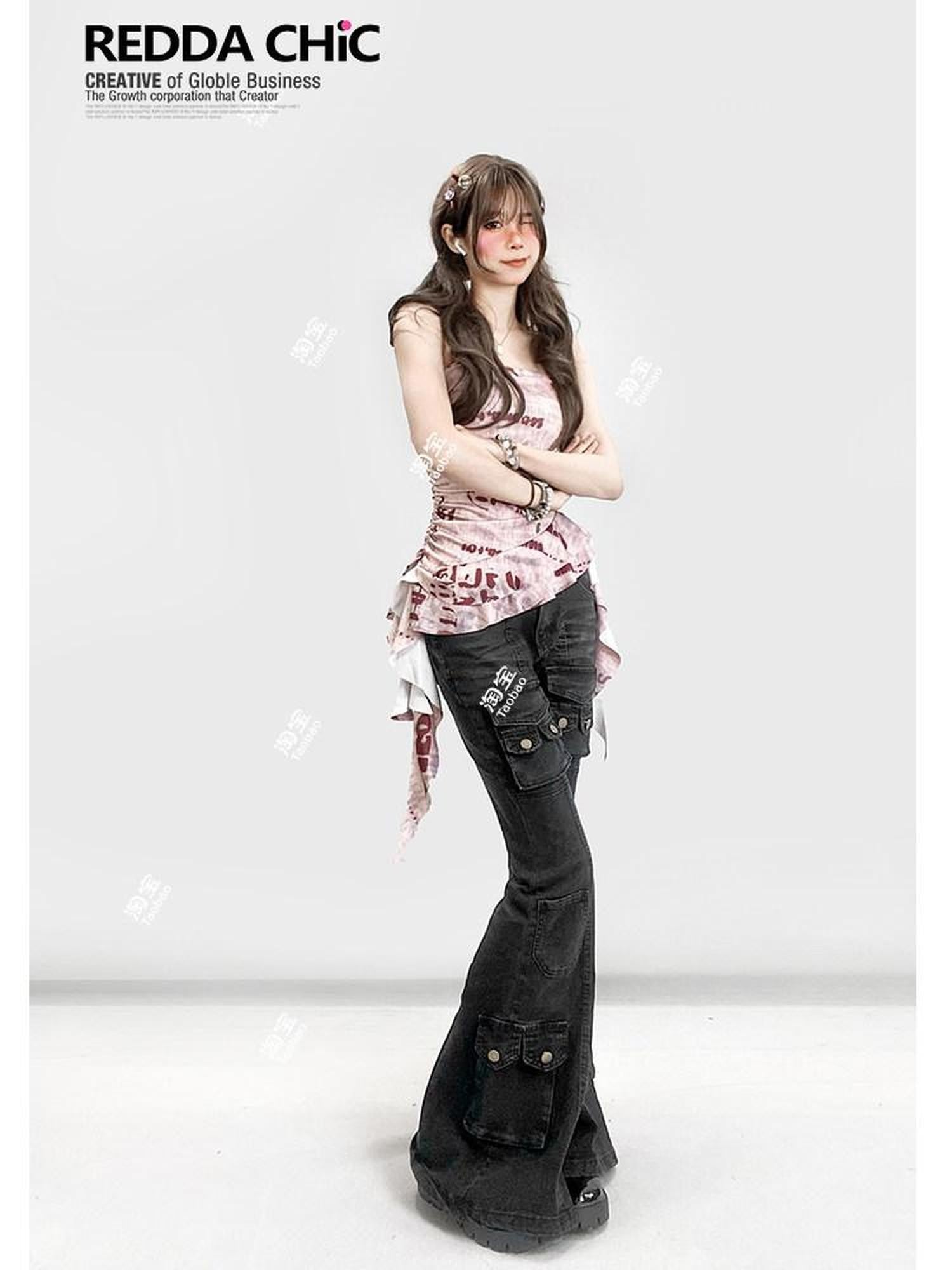 REDDACHIC Pink Asymmetric Ruffle Letter Print Cinched Waist Women'S Tube Tops / Bandeaus