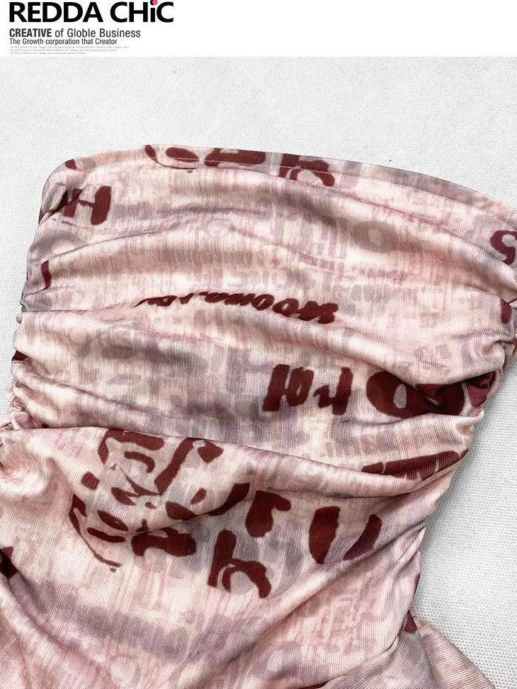 REDDACHIC Pink Asymmetric Ruffle Letter Print Cinched Waist Women'S Tube Tops / Bandeaus