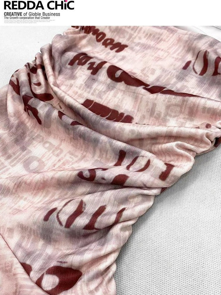 REDDACHIC Pink Asymmetric Ruffle Letter Print Cinched Waist Women'S Tube Tops / Bandeaus