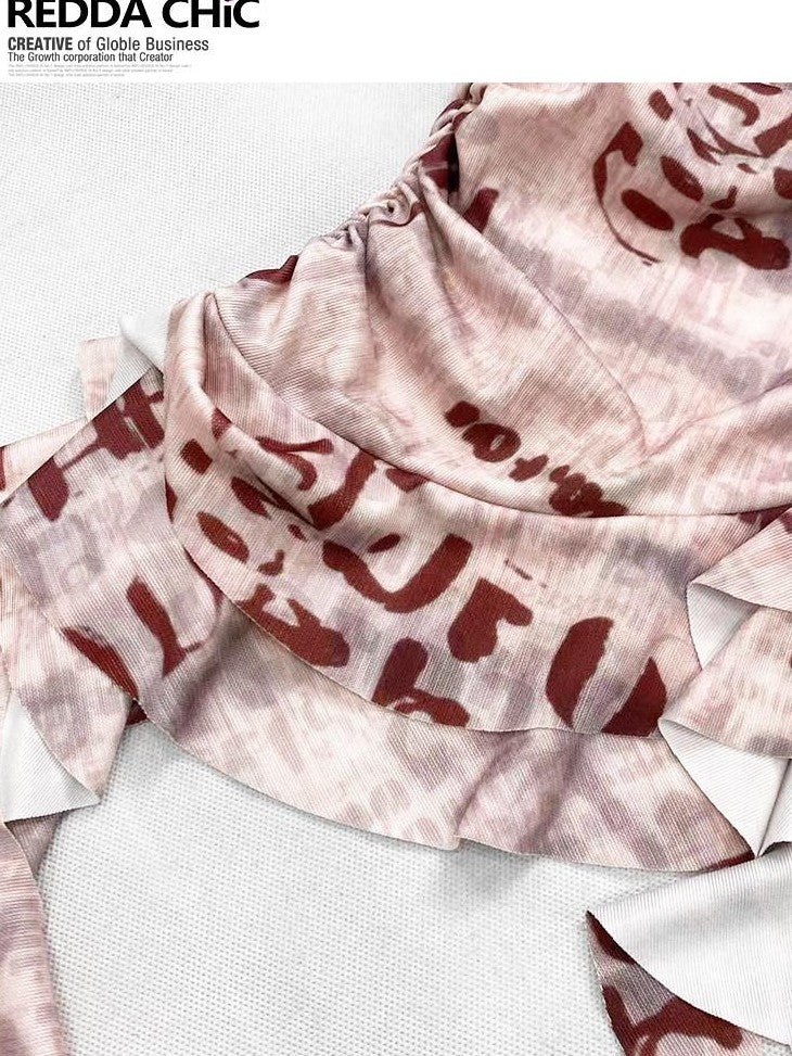 REDDACHIC Pink Asymmetric Ruffle Letter Print Cinched Waist Women'S Tube Tops / Bandeaus