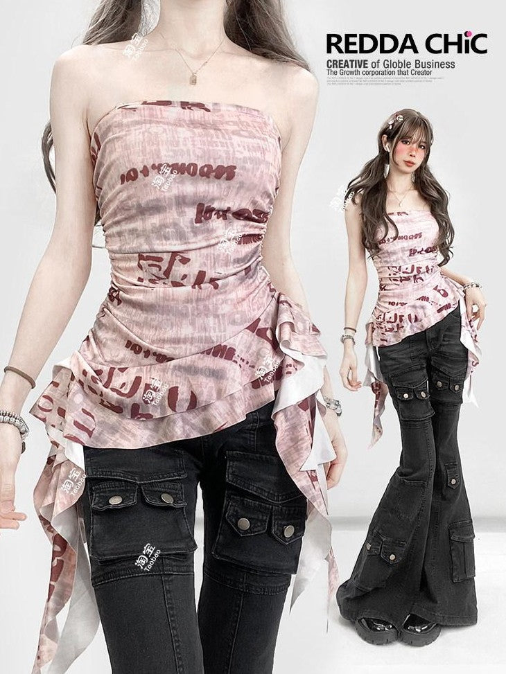 REDDACHIC Pink Asymmetric Ruffle Letter Print Cinched Waist Women'S Tube Tops / Bandeaus