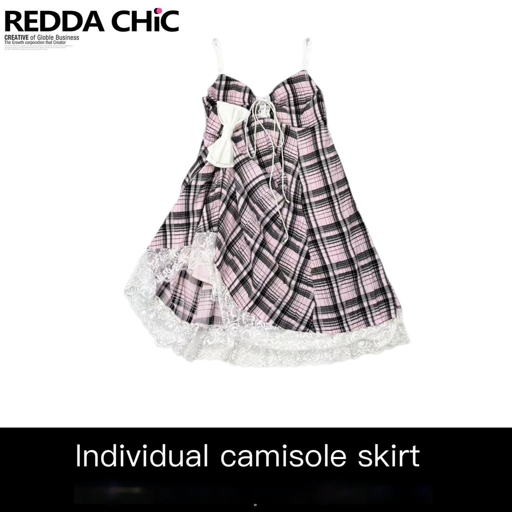 REDDACHIC_Pink_Black_Plaid_Lace_Strappy_Cinched_Waist_Women'S_Cotton_Slip_Midi_Dresses_MISSTT