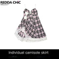 REDDACHIC_Pink_Black_Plaid_Lace_Strappy_Cinched_Waist_Women'S_Cotton_Slip_Midi_Dresses_MISSTT