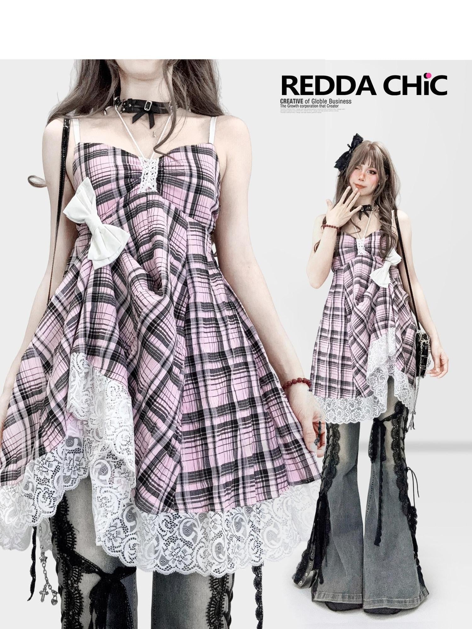 REDDACHIC Pink Black Plaid Lace Strappy Cinched Waist Women'S Cotton Slip Midi Dresses