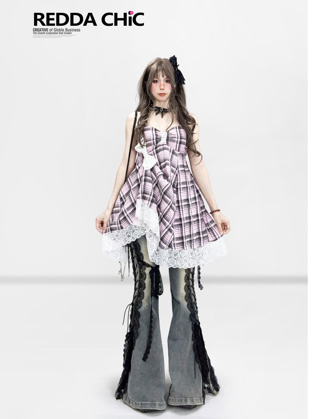 REDDACHIC Pink Black Plaid Lace Strappy Cinched Waist Women'S Cotton Slip Midi Dresses
