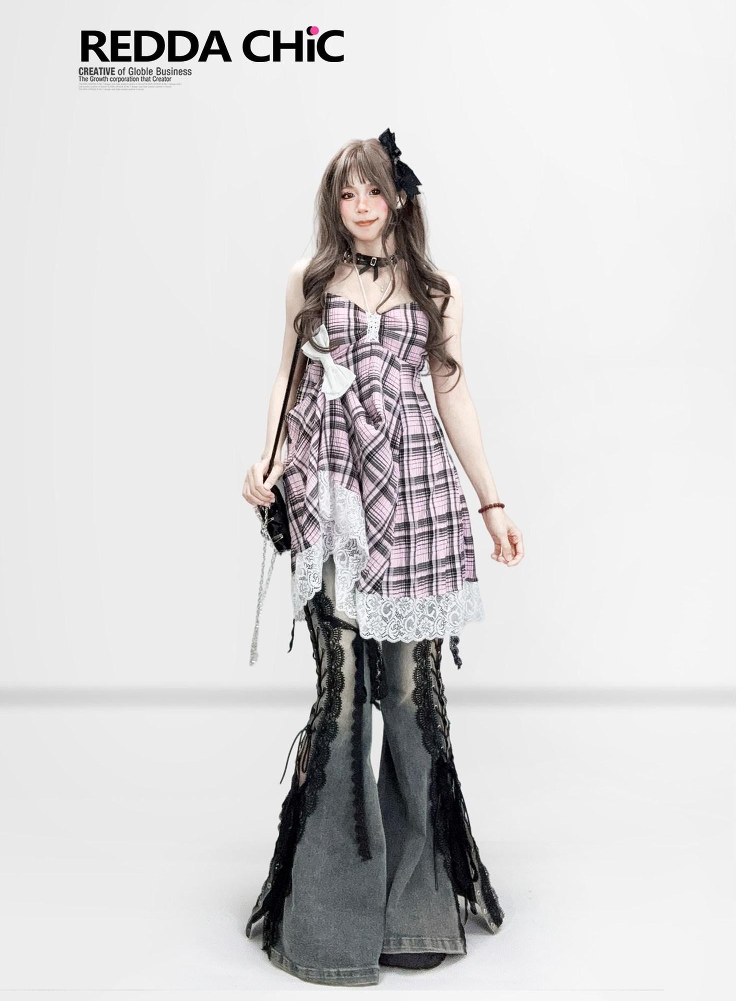 REDDACHIC Pink Black Plaid Lace Strappy Cinched Waist Women'S Cotton Slip Midi Dresses
