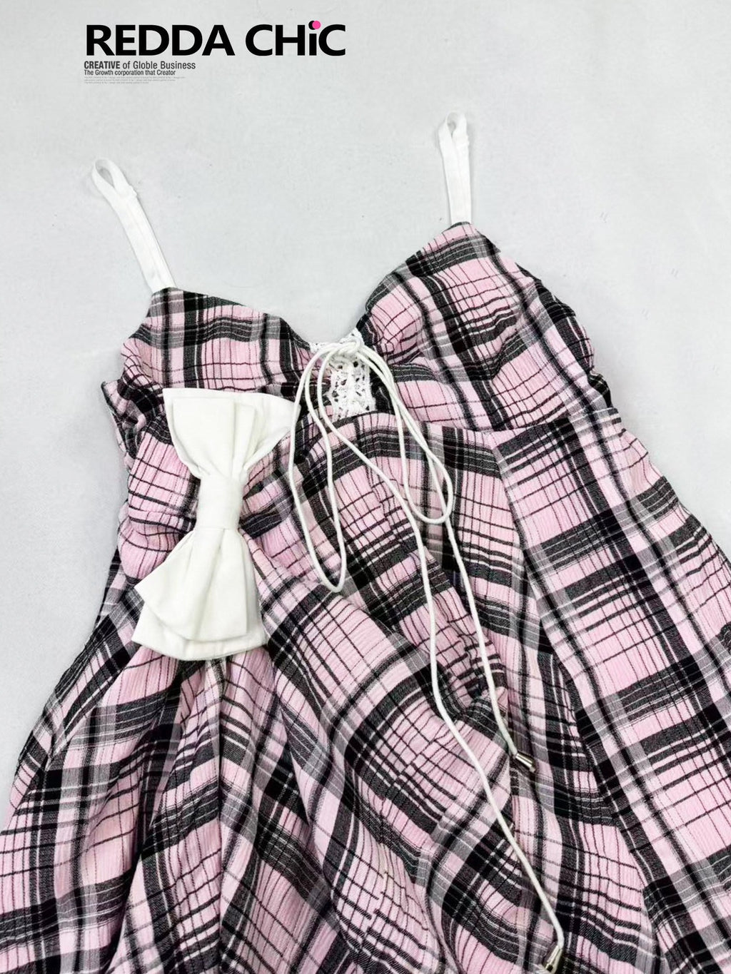 REDDACHIC Pink Black Plaid Lace Strappy Cinched Waist Women'S Cotton Slip Midi Dresses