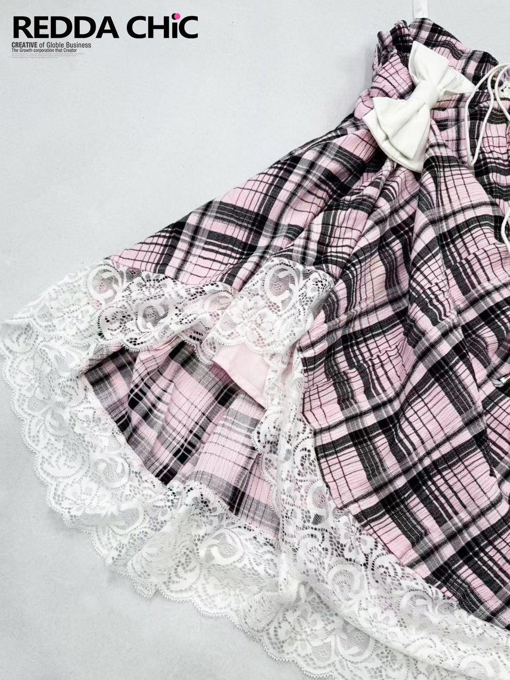 REDDACHIC Pink Black Plaid Lace Strappy Cinched Waist Women'S Cotton Slip Midi Dresses