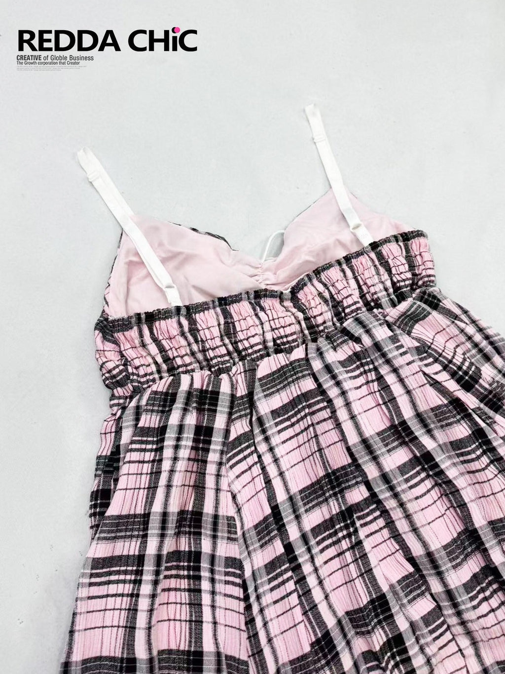 REDDACHIC Pink Black Plaid Lace Strappy Cinched Waist Women'S Cotton Slip Midi Dresses