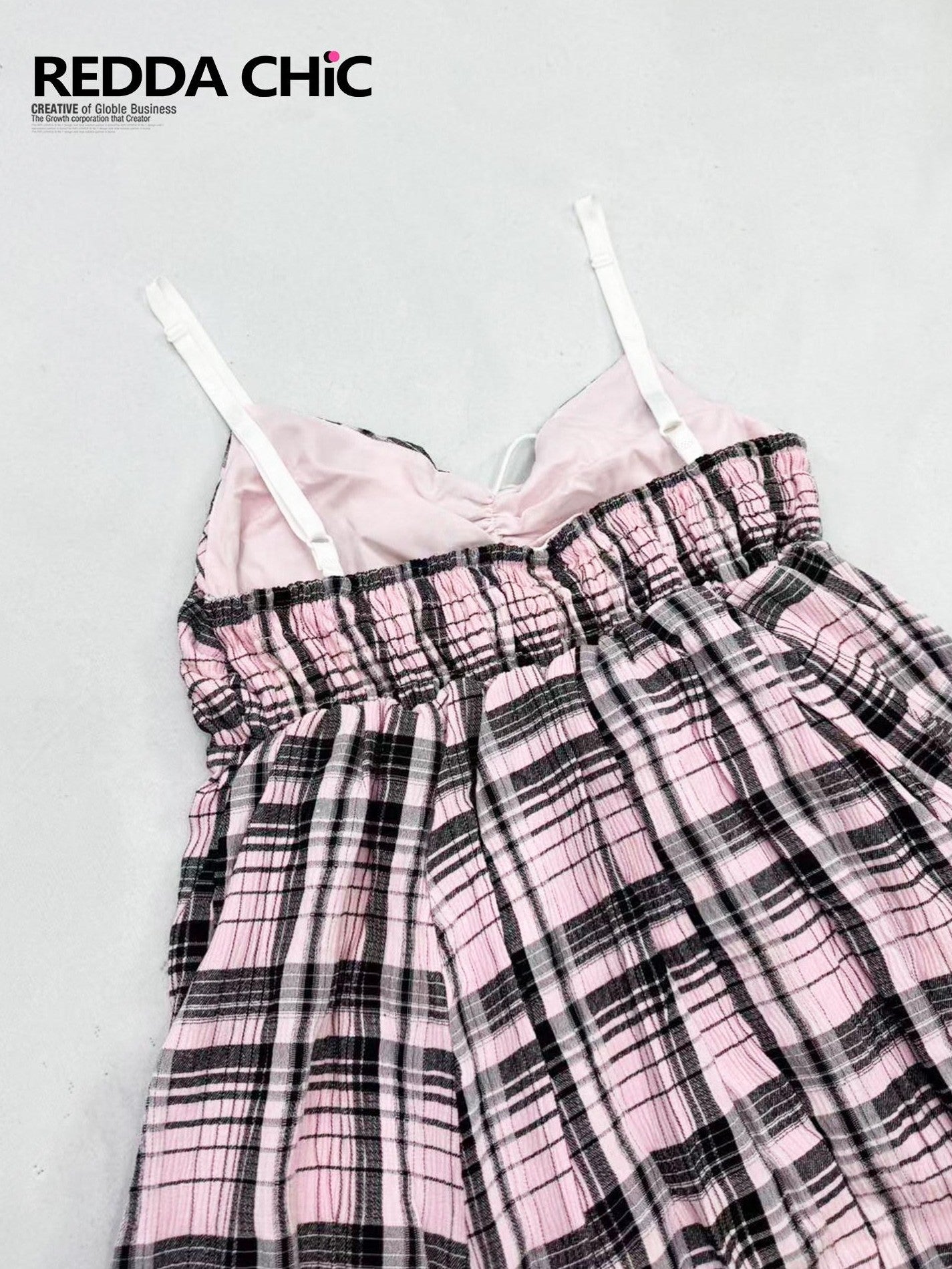 REDDACHIC Pink Black Plaid Lace Strappy Cinched Waist Women'S Cotton Slip Midi Dresses