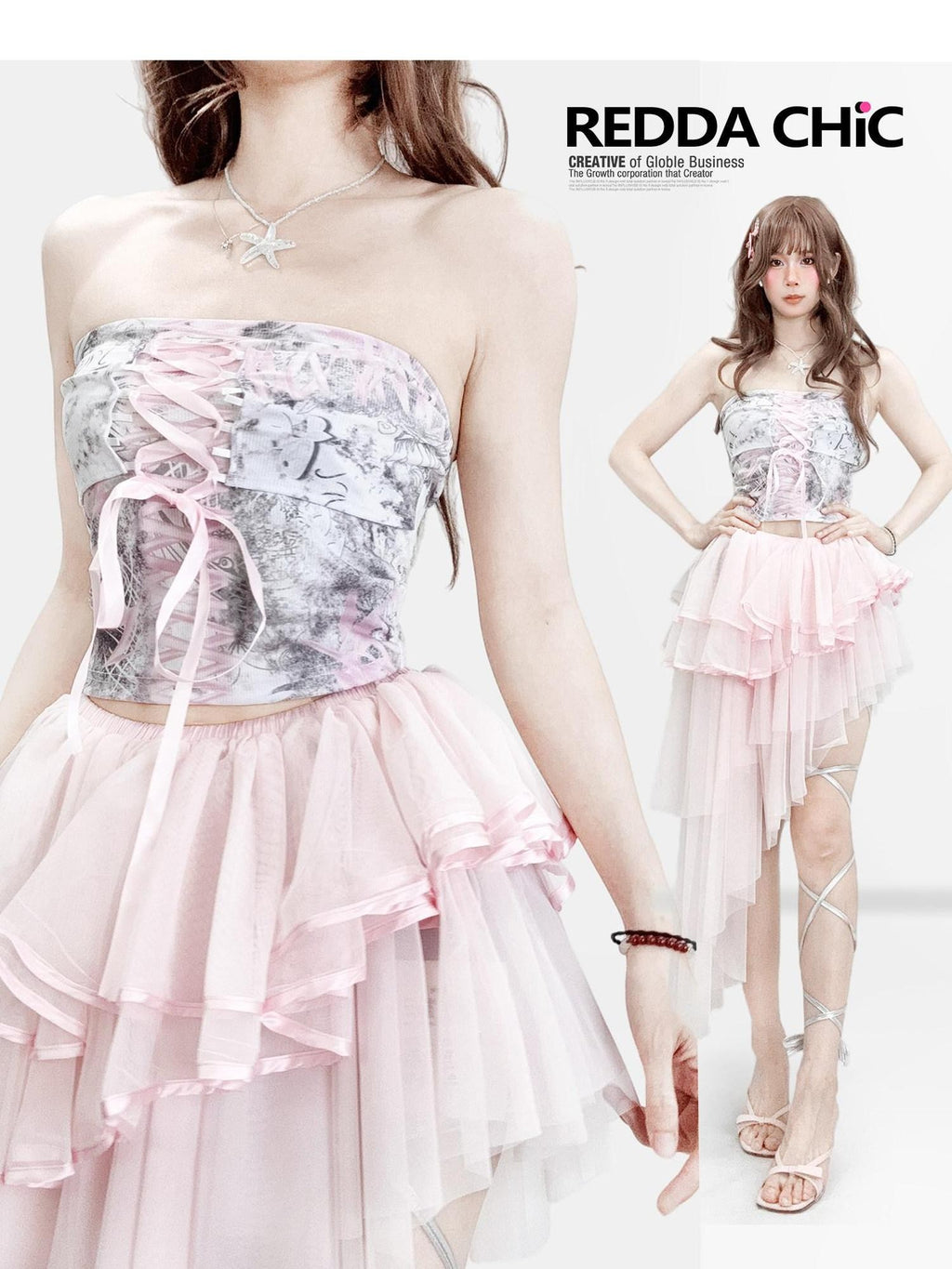 REDDACHIC Pink Bow Tie Strap Lace Print Patchwork Fitted Women'S Lace Tube Tops / Bandeaus