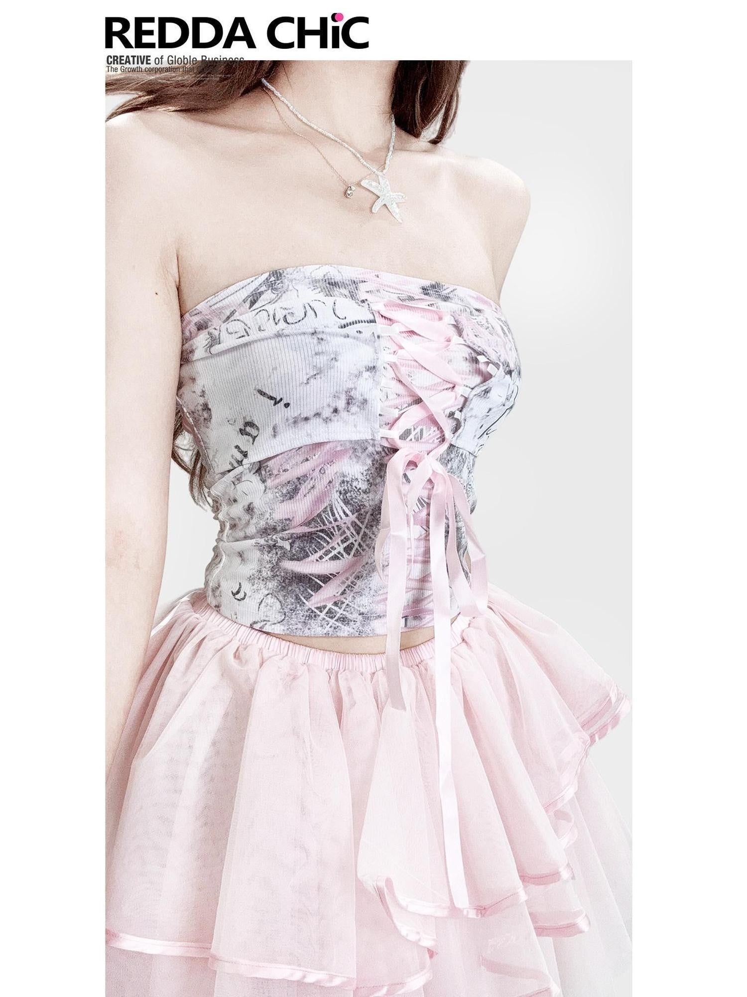 REDDACHIC Pink Bow Tie Strap Lace Print Patchwork Fitted Women'S Lace Tube Tops / Bandeaus