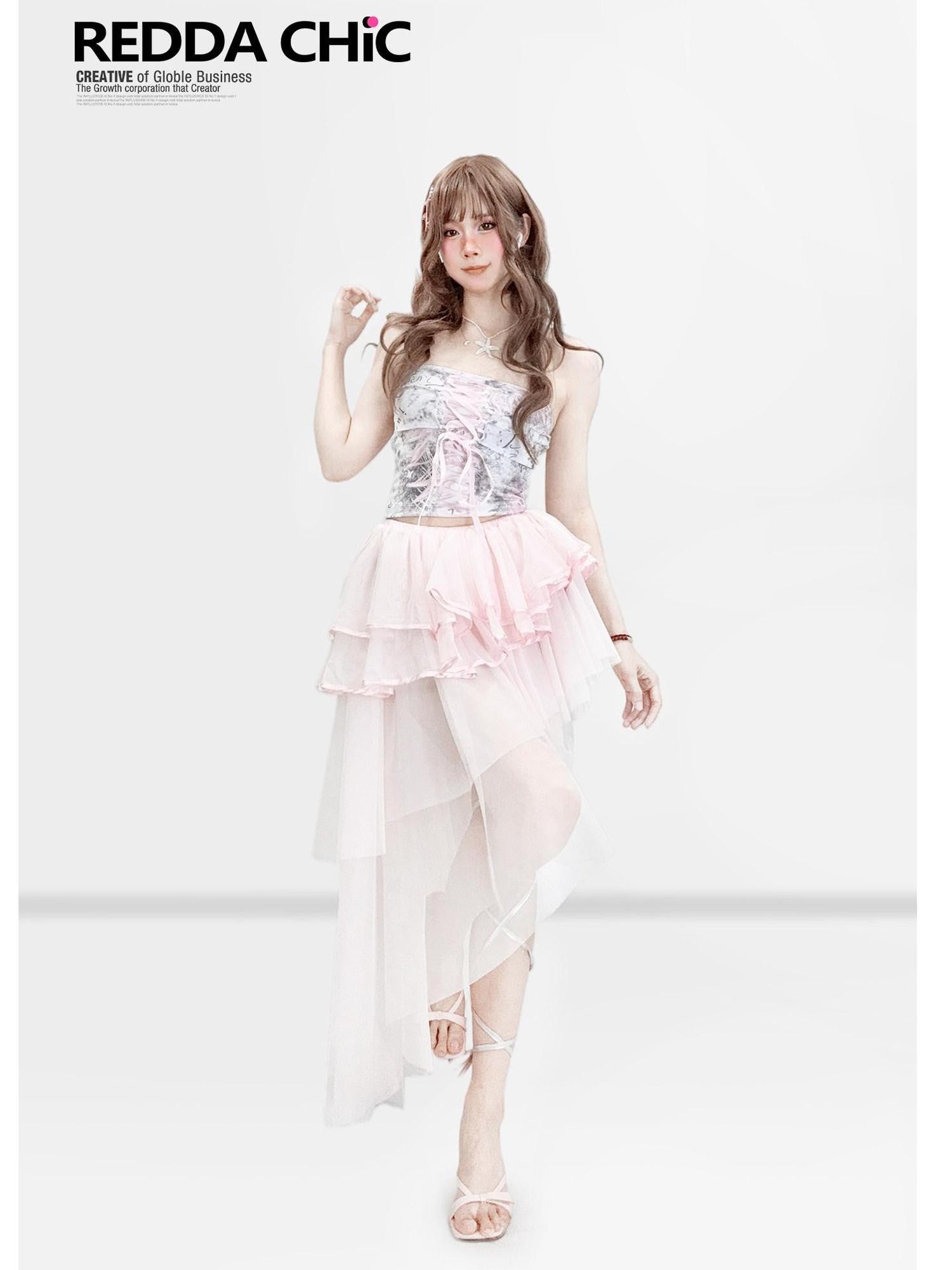 REDDACHIC Pink Bow Tie Strap Lace Print Patchwork Fitted Women'S Lace Tube Tops / Bandeaus