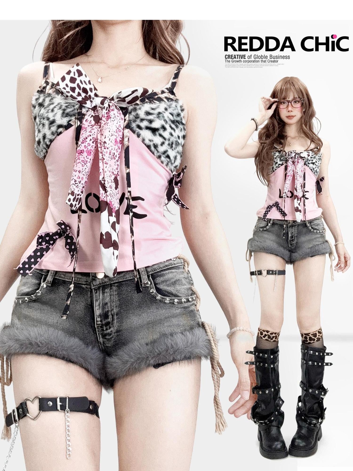 REDDACHIC Pink Fuzzy Leopard Print Bow Slim Fit Cropped Women'S Triacetate Camisoles
