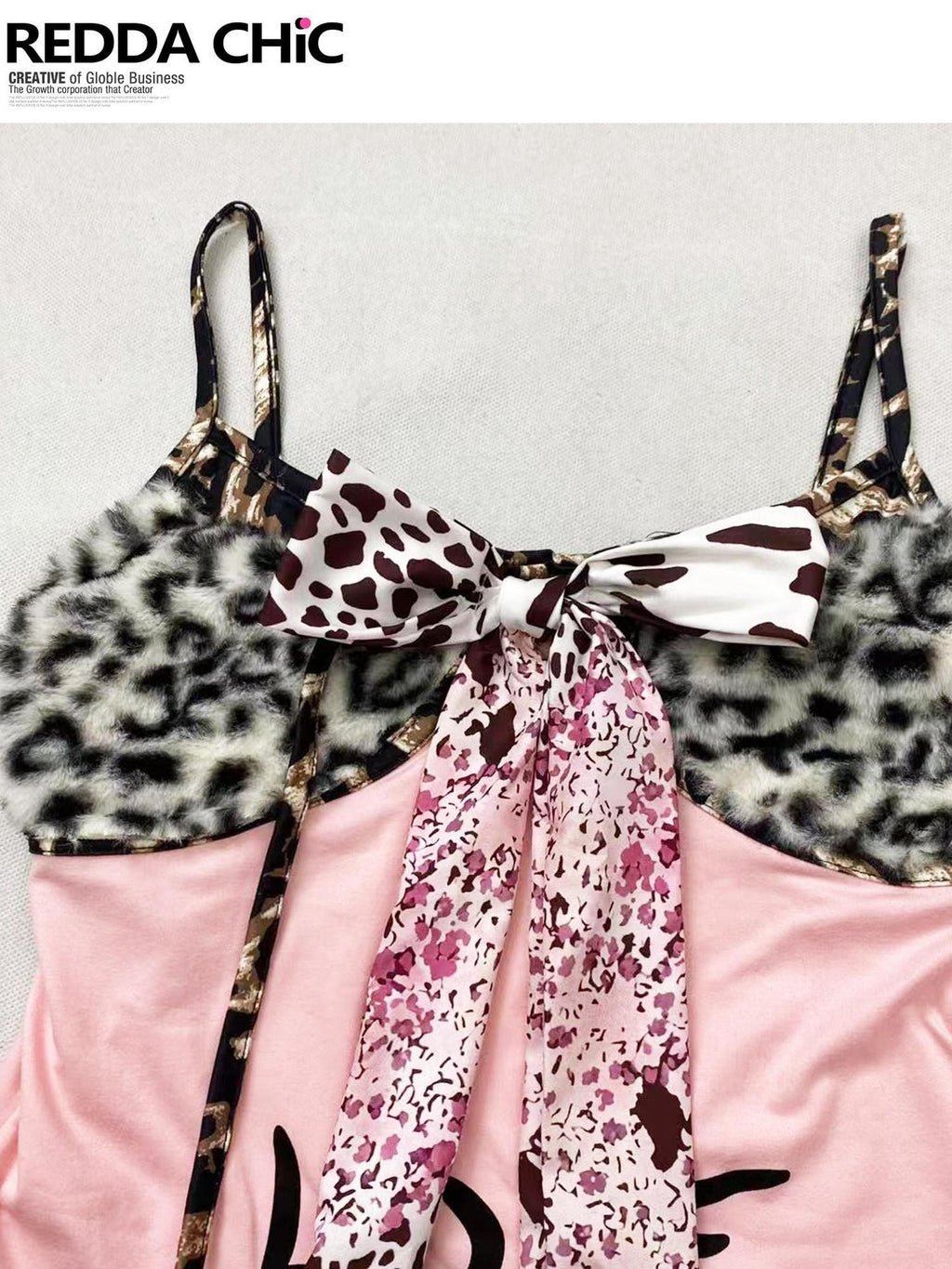 REDDACHIC Pink Fuzzy Leopard Print Bow Slim Fit Cropped Women'S Triacetate Camisoles